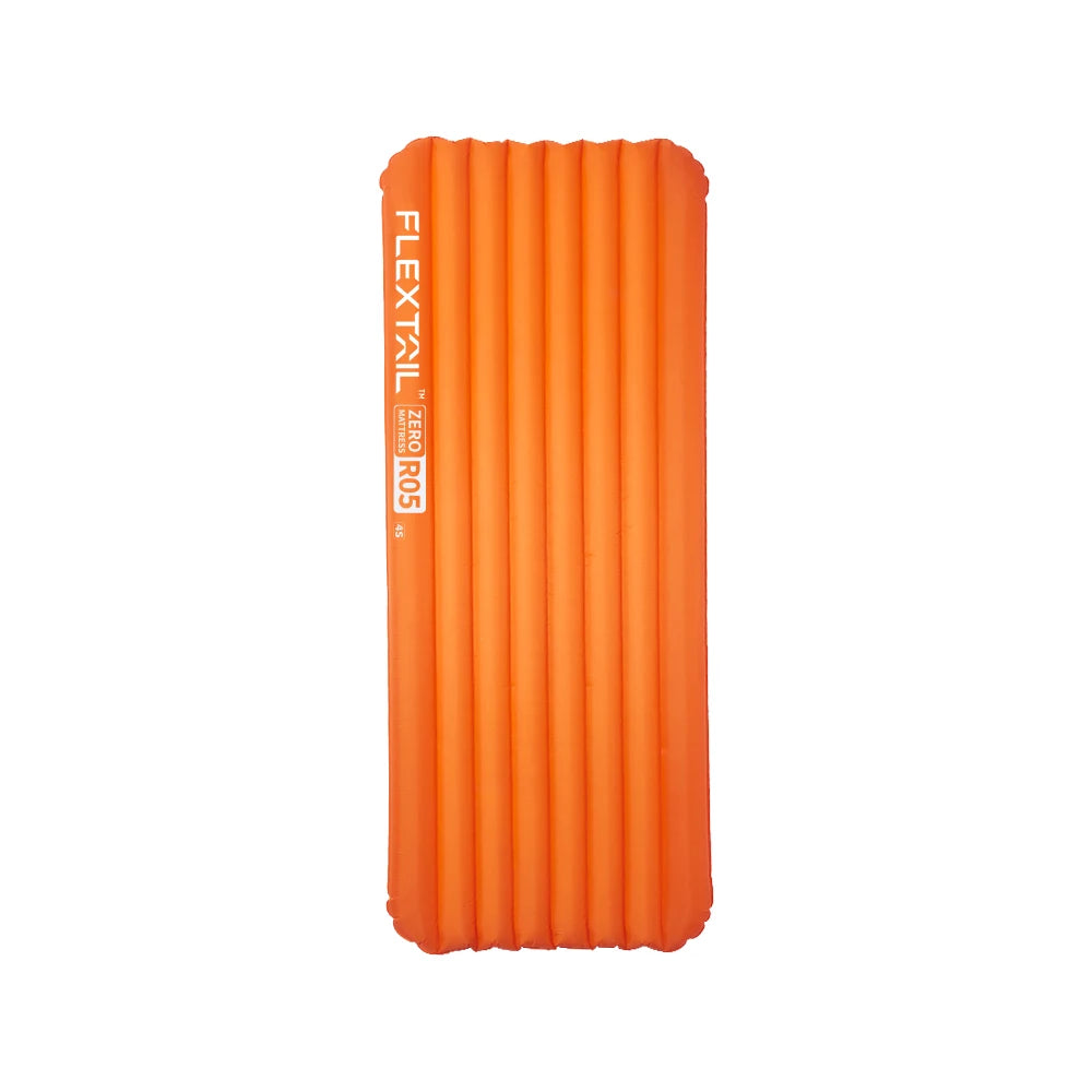 Orange inflatable mattress with 'FLEXTAIL' branding on a white background