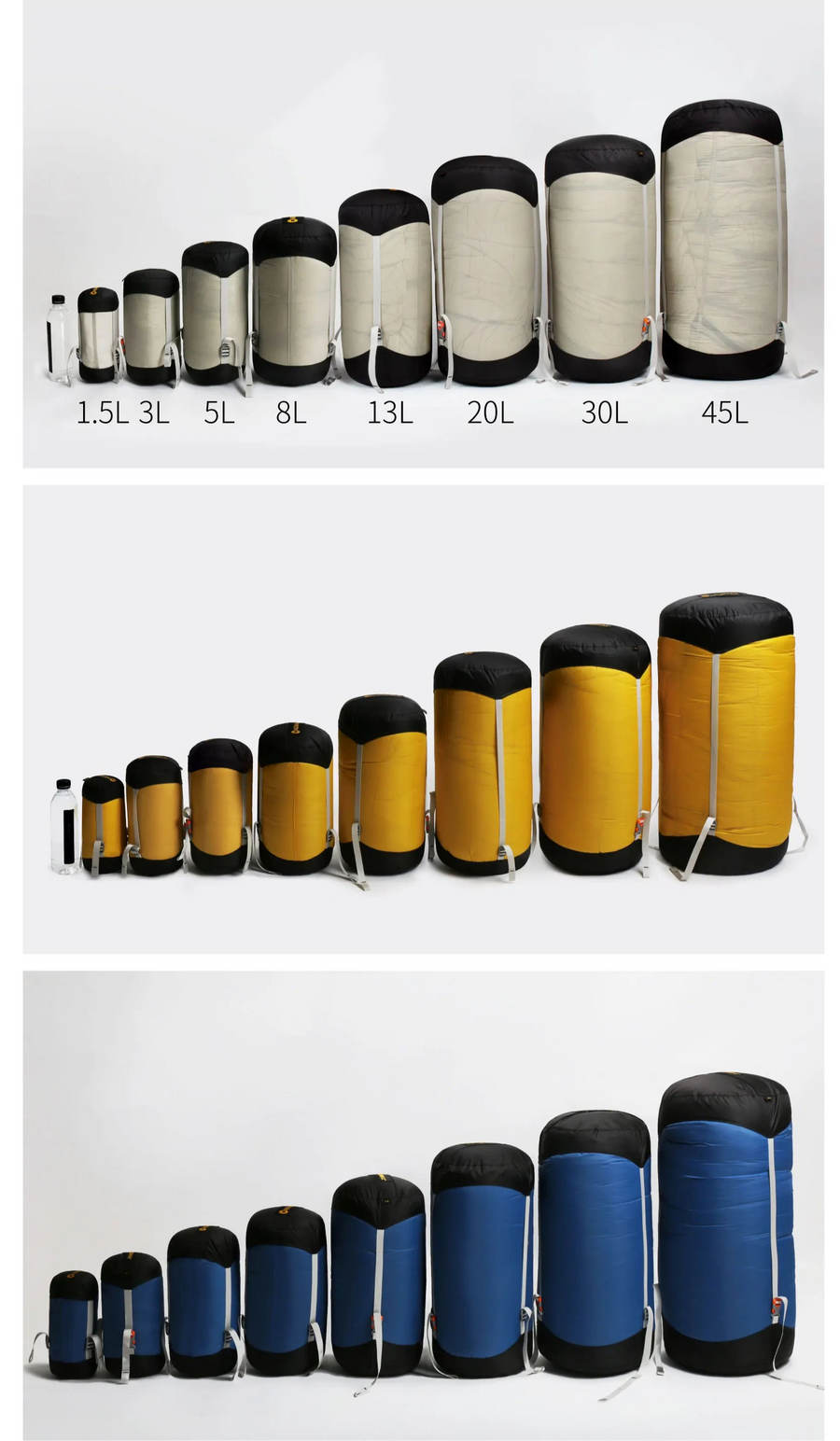 AEGISMAX Lightweight Compression Stuff Sack in various sizes with labels on a white background.