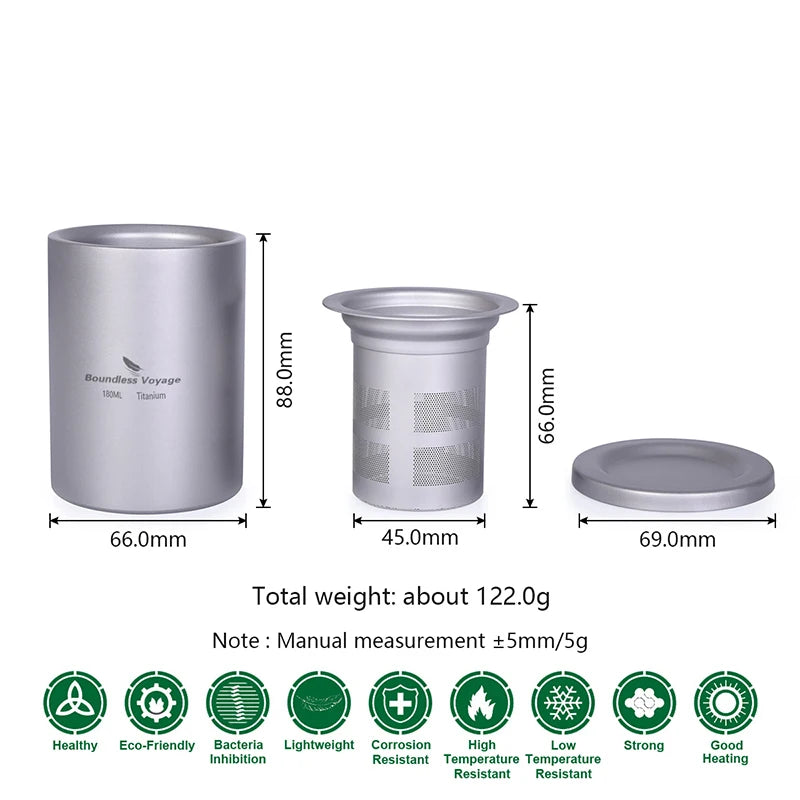 Titanium mug with dimensions and weight details on a white background