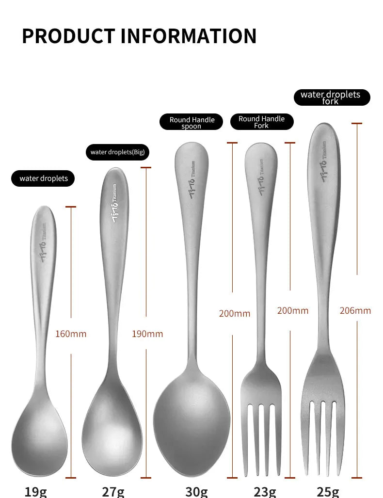 Set of titanium spoons and forks with measurements and weight labels on a white background.