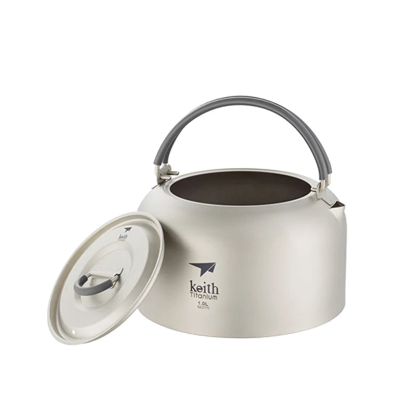 titanium teakettle with lid on a white background, featuring the Keith Titanium logo.
