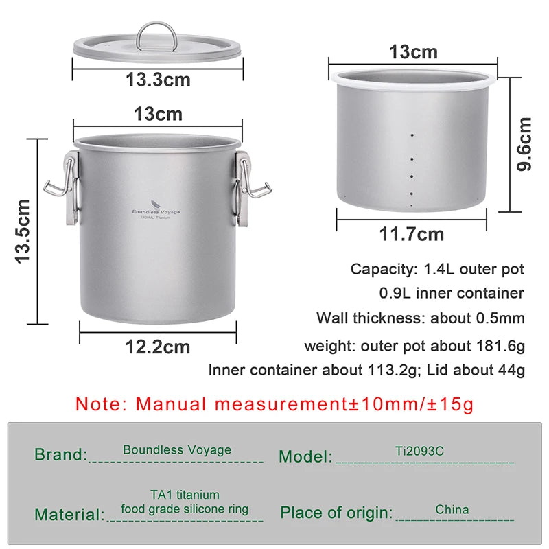 Titanium food container with dimensions and specifications on a white background