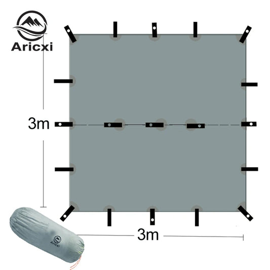 Aricxi tarp with dimensions and a rolled-up tarp at the bottom on a white background