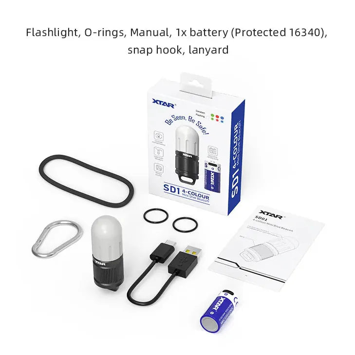 Collection of flashlight components including a flashlight, O-rings, manual, battery, snap hook, and lanyard on a white background.