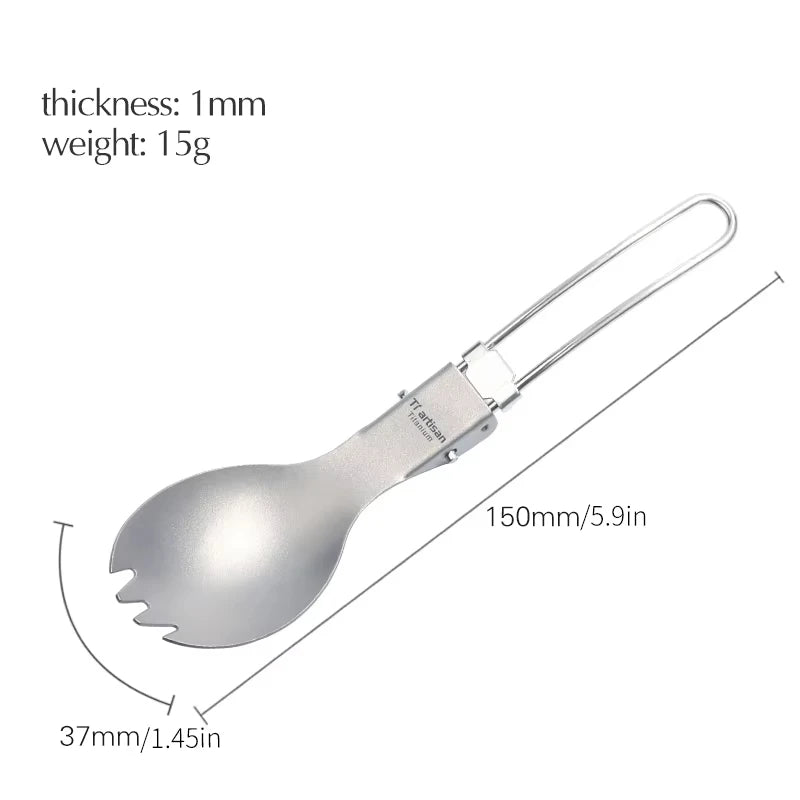 titanium fork and spoon set with measurements on a white background