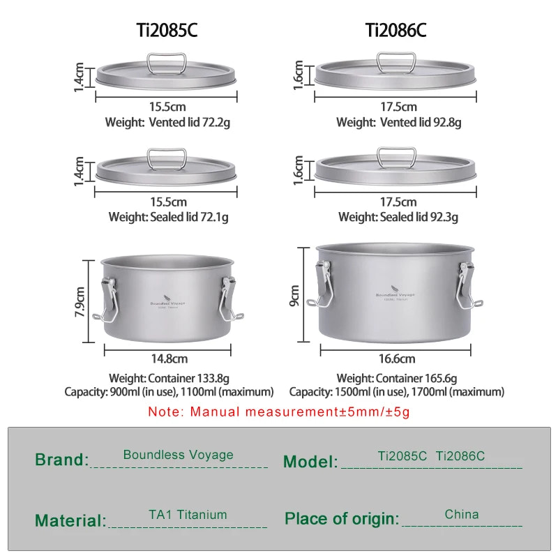 Specifications of two titanium cookware models TI2085C and TI2086C on a white background.