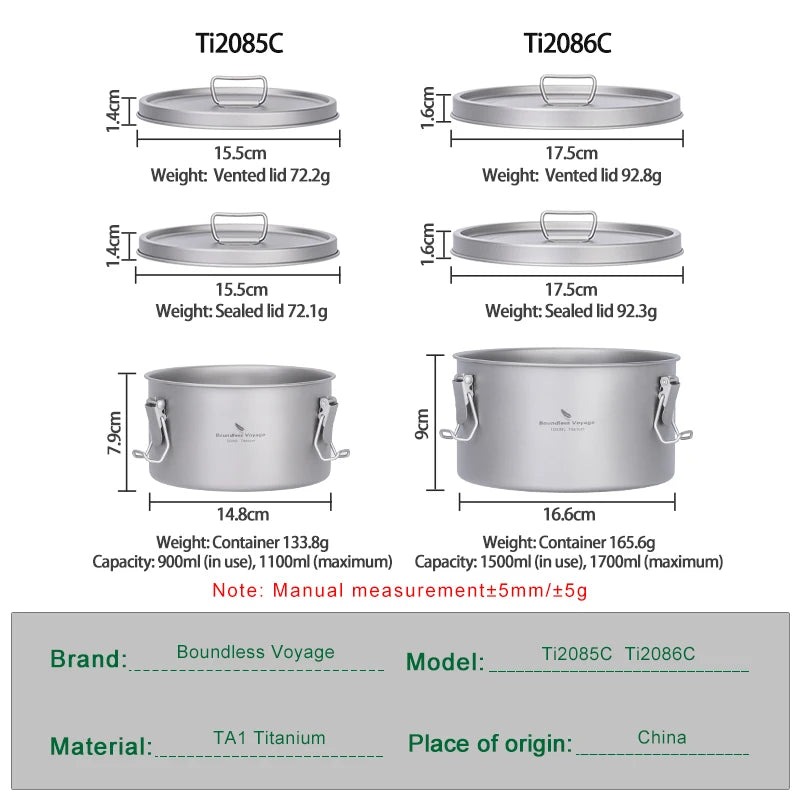 Specifications of two titanium cookware models TI2085C and TI2086C on a white background.