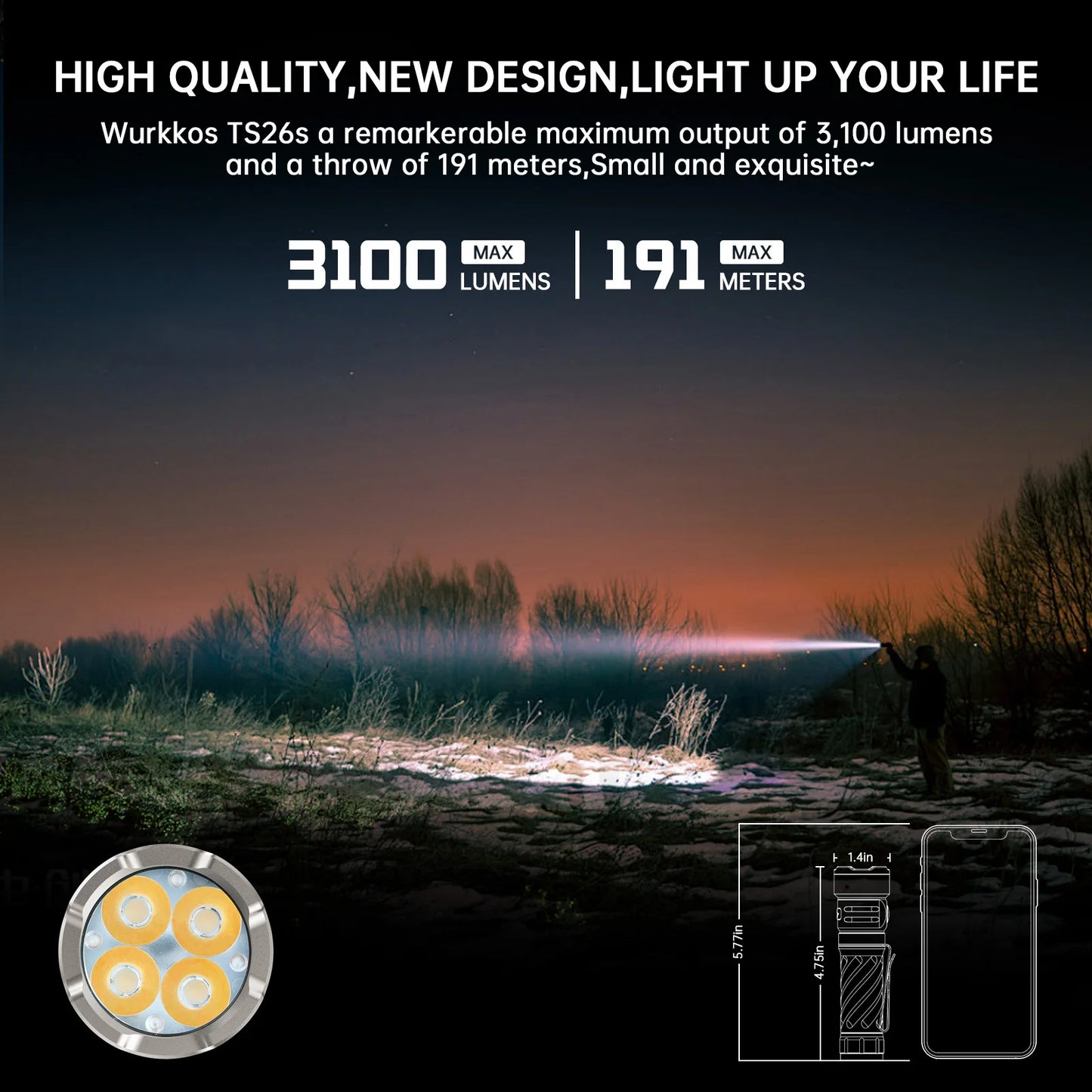 Wurkkos TS26s flashlight being used in a dark outdoor setting with text highlighting its features.