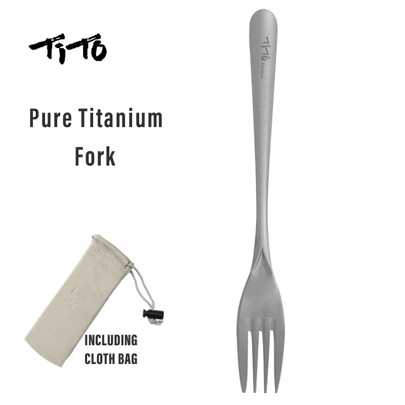 Pure Titanium Fork with cloth bag on a white background