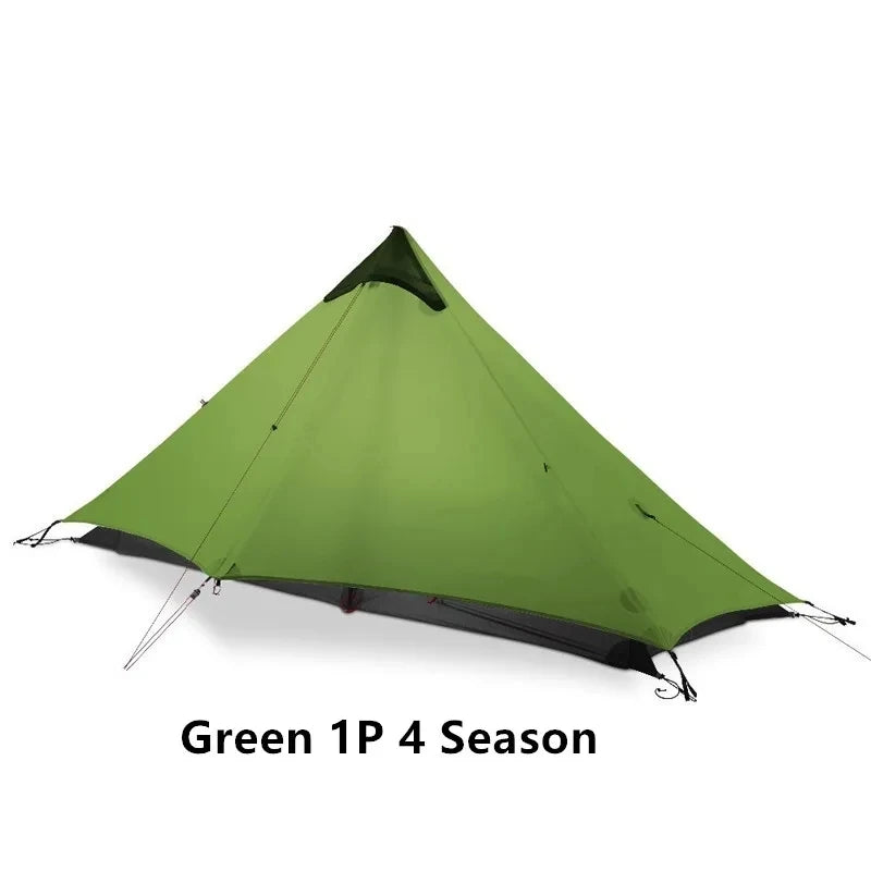 Green single-person 4-season tent on a white background