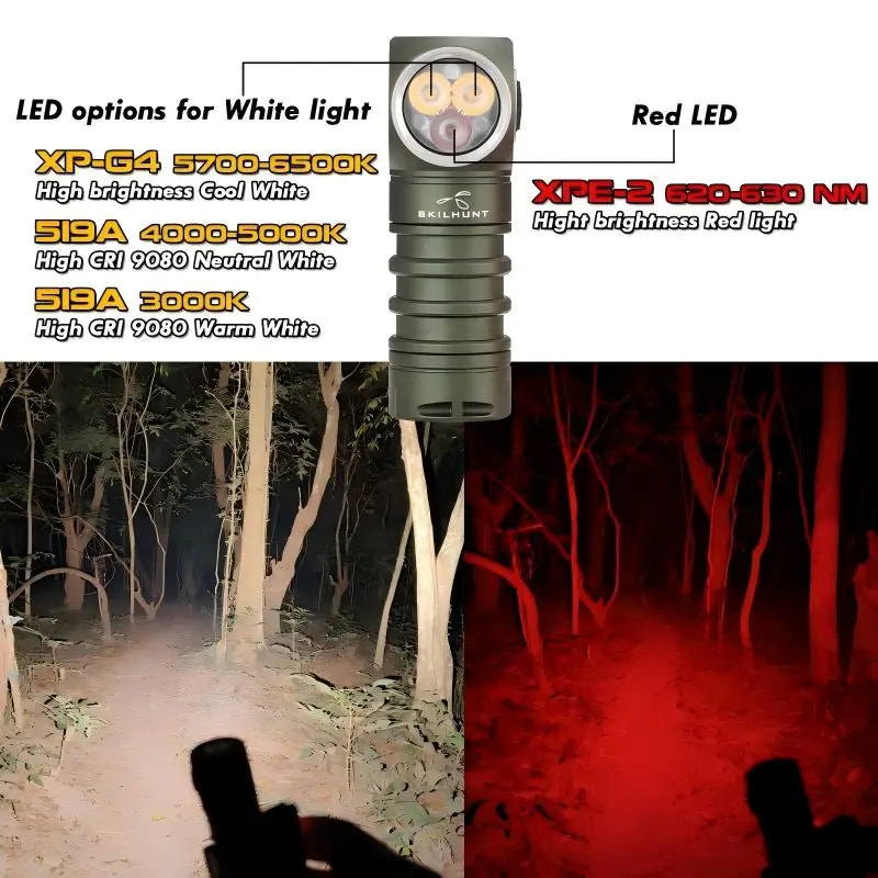 LED flashlight with color temperature options and usage in a forest setting.