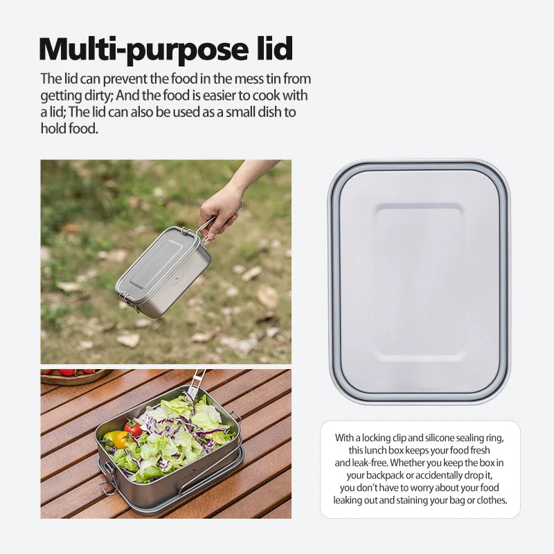 Multi-purpose lid for a mess tin with text explaining its uses, shown outdoors.