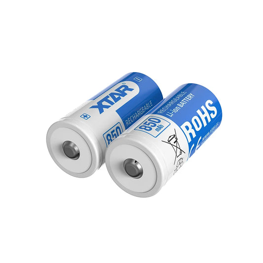 Two rechargeable batteries with Xtar branding on a white background