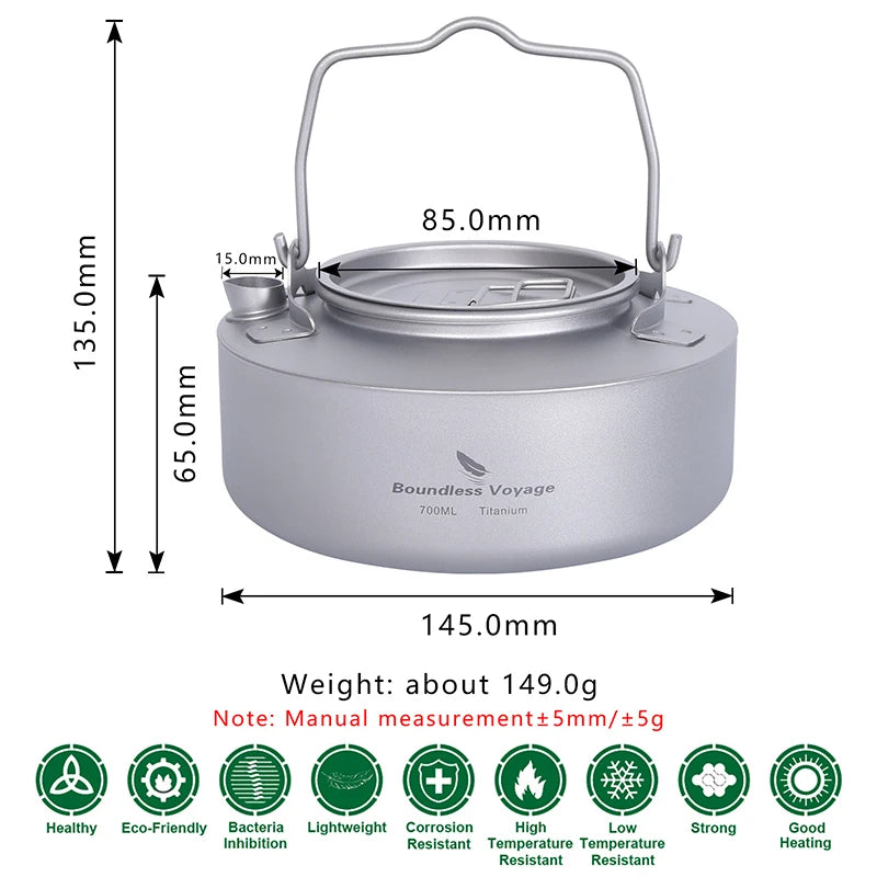 Camping kettle with dimensions and weight information on a white background
