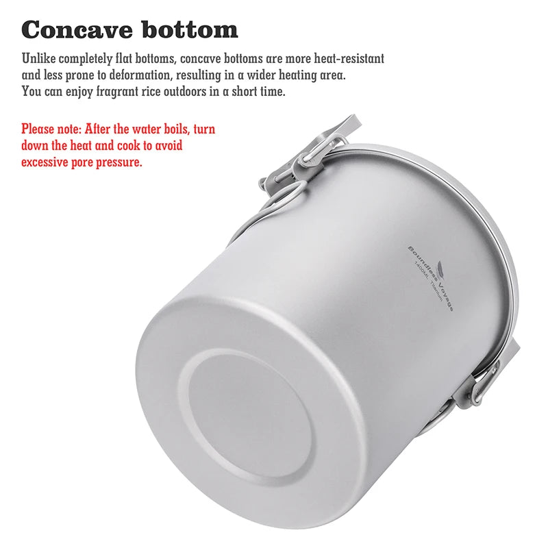 Titanium pot with a concave bottom on a white background, featuring text about its design.