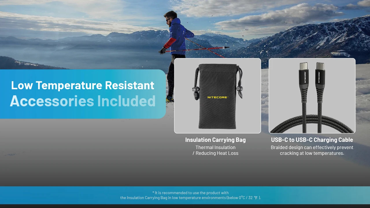 Person skiing with low-temperature resistant accessories displayed on screen