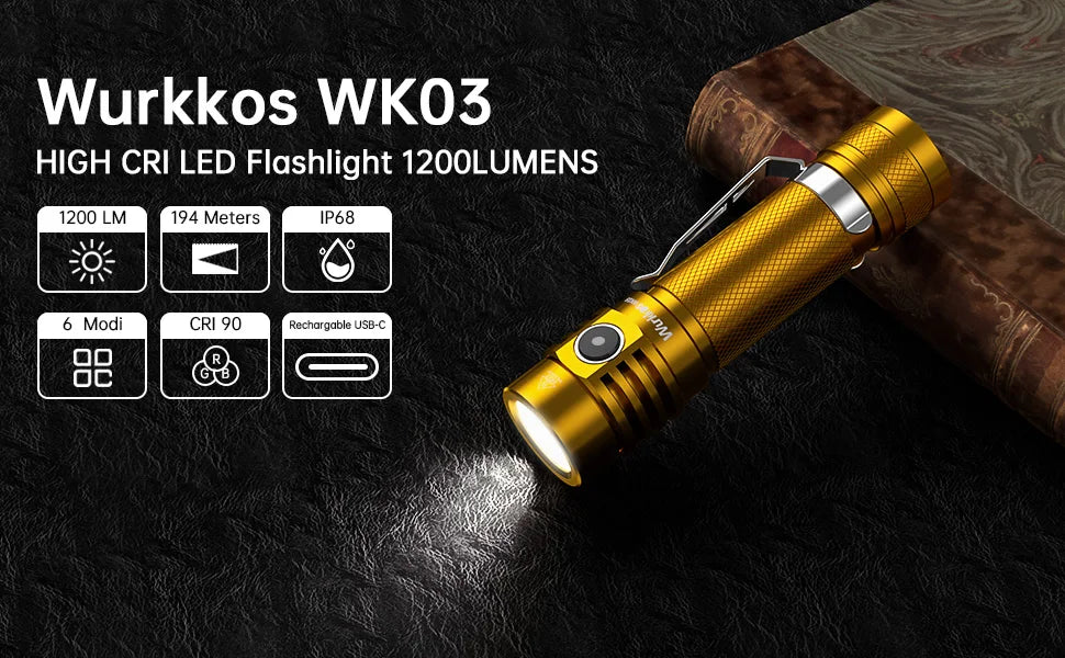 Wurkkos WK03 flashlight with features displayed on a dark background