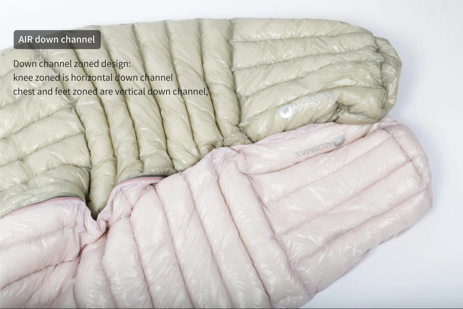 Two sleeping bags with text describing air down channel design.