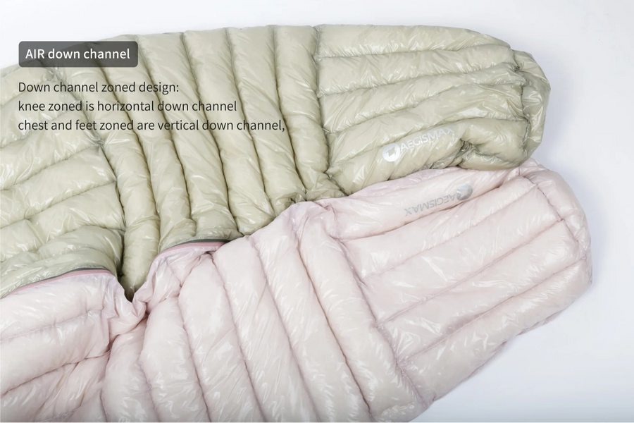 Two sleeping bags with text describing air down channel design.