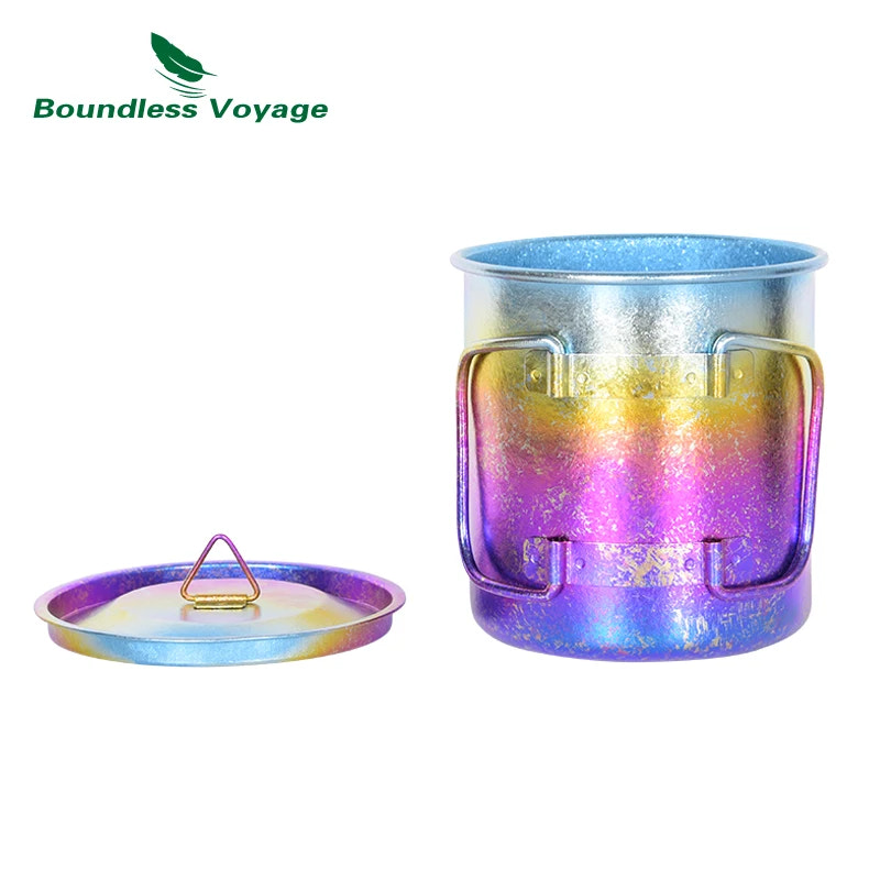 Colorful metallic camping pot with lid on a white background, featuring 'Boundless Voyage' brand.