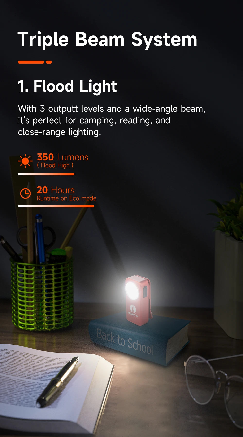 Flood light with triple beam system on a desk with stationery items