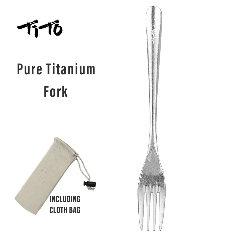 Pure Titanium Fork with cloth bag on a white background, featuring the Tito brand.