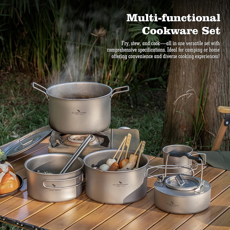 Multi-functional cookware set on a wooden table with outdoor background