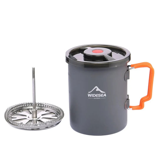 Gray camping mug with orange handle and metal filter on a white background, featuring Widesea logo.