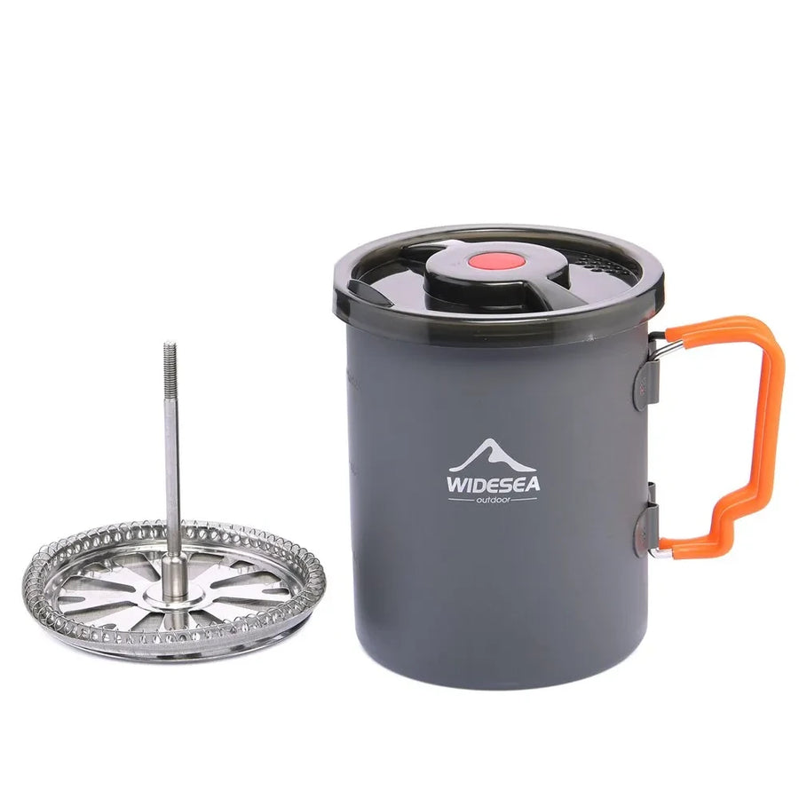 Gray camping mug with orange handle and metal filter on a white background, featuring Widesea logo.