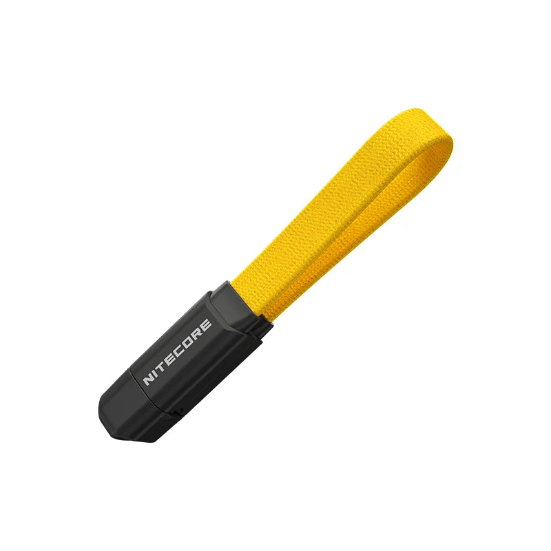 Nitecore flashlight with yellow strap on a white background