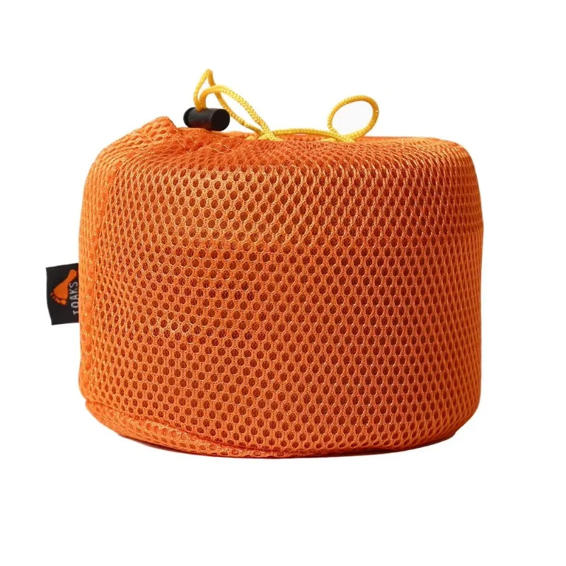Orange mesh storage bag with drawstring on a white background