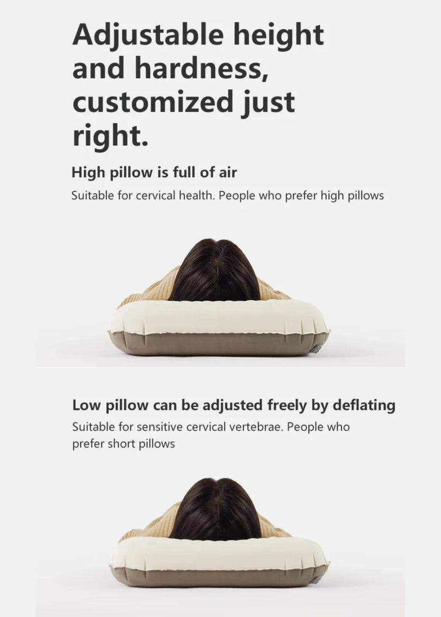 Person using adjustable height and hardness pillows with text on a white background