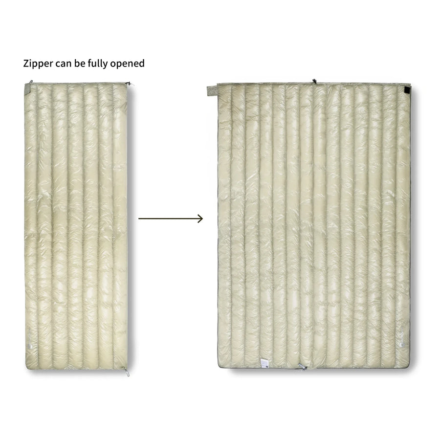 Two views of a sleeping bag with a zipper, showing it can be fully opened.