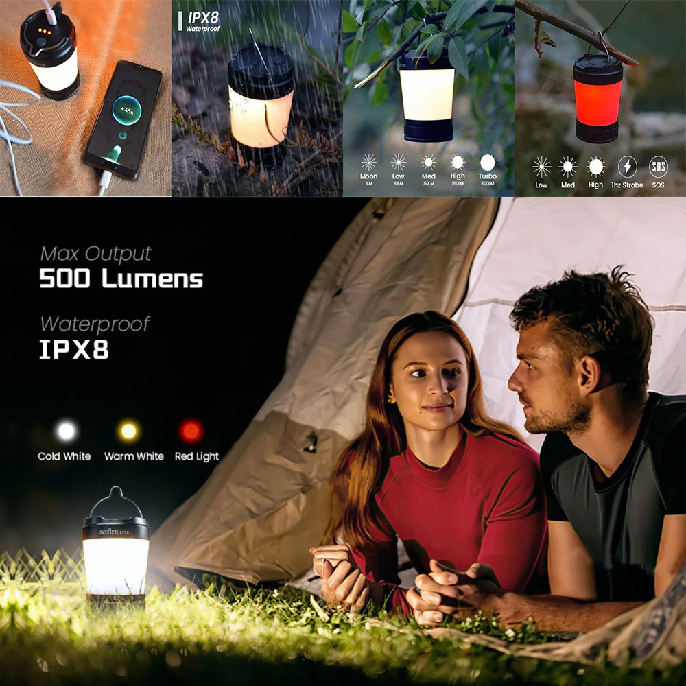 Collage of a camping lantern with various uses, including outdoor lighting and close-up details, with a couple sitting inside a tent.