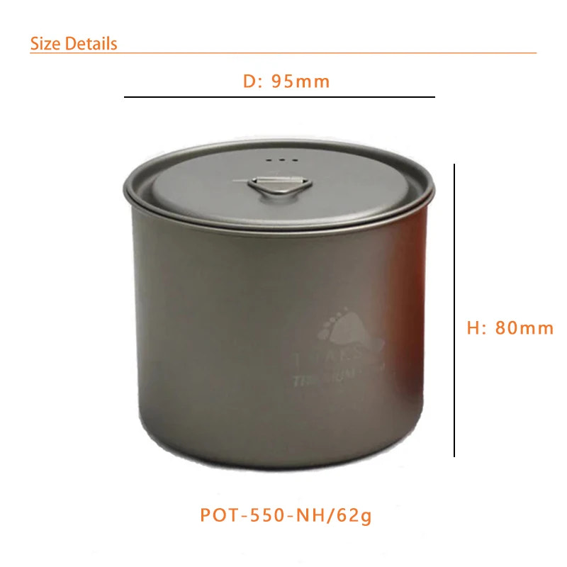 Gray camping pot with dimensions and weight displayed on a white background