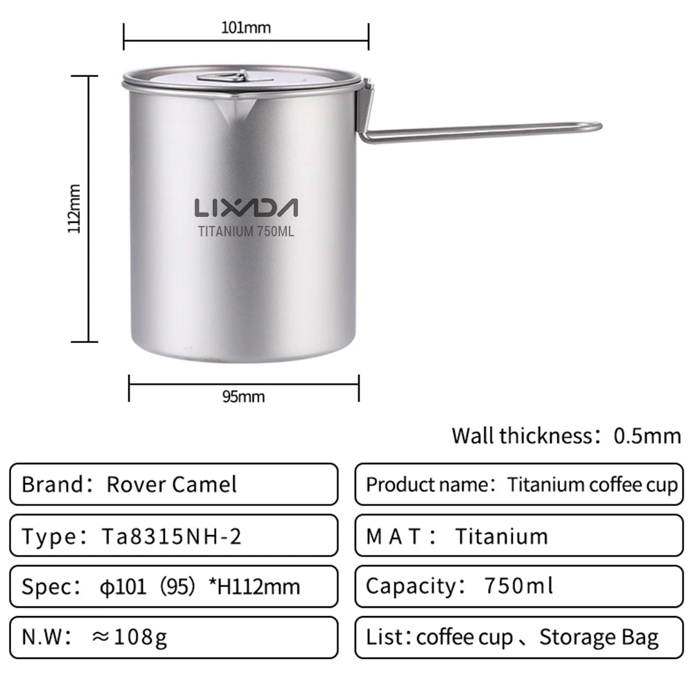Titanium coffee cup with dimensions and specifications on a white background