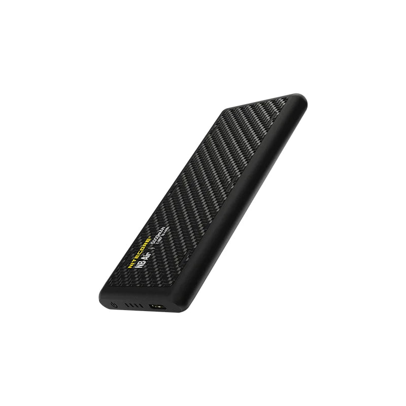 Black portable power bank with carbon fiber texture on a white background