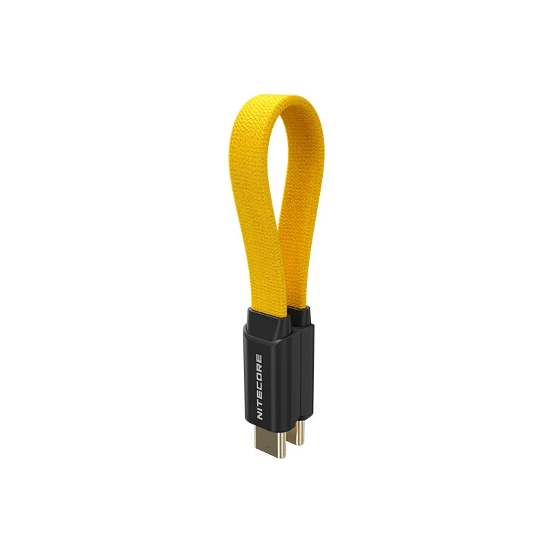 Yellow USB cable with black connector on a white background