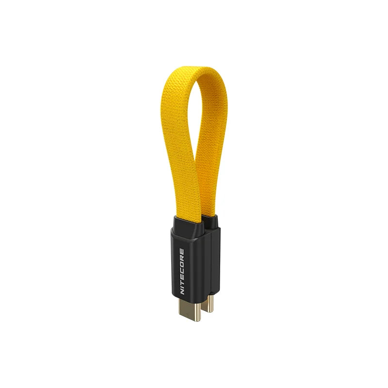 Yellow USB cable with black connector on a white background