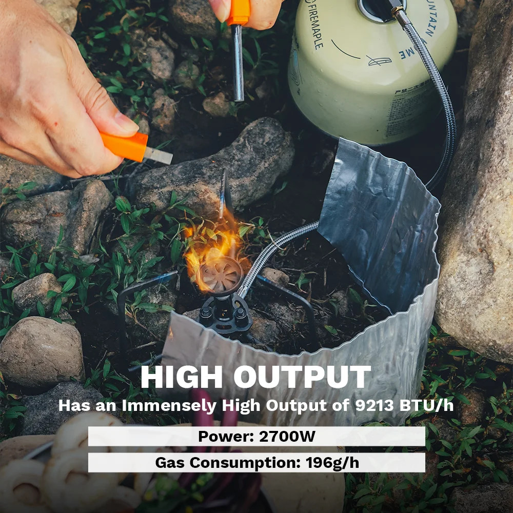 Person using a portable stove with high output specifications displayed on a natural background.