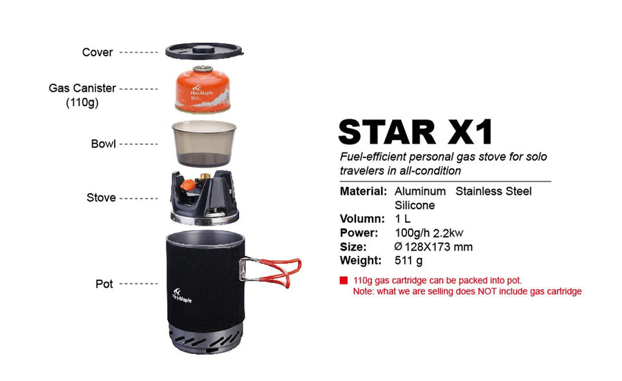 Fuel-efficient personal gas stove with labeled parts and specifications on a white background