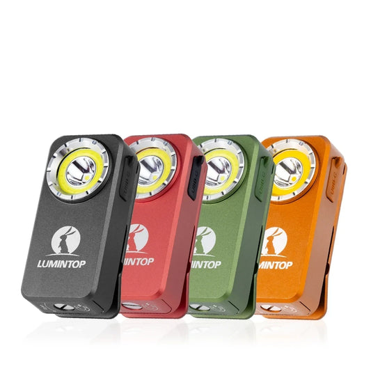 Four Lumintop flashlights in black, red, green, and orange on a white background