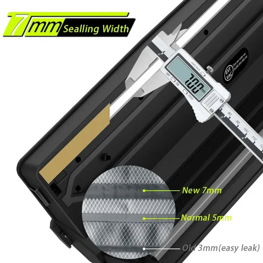 Digital caliper measuring sealing width with text indicating 7mm sealing width.