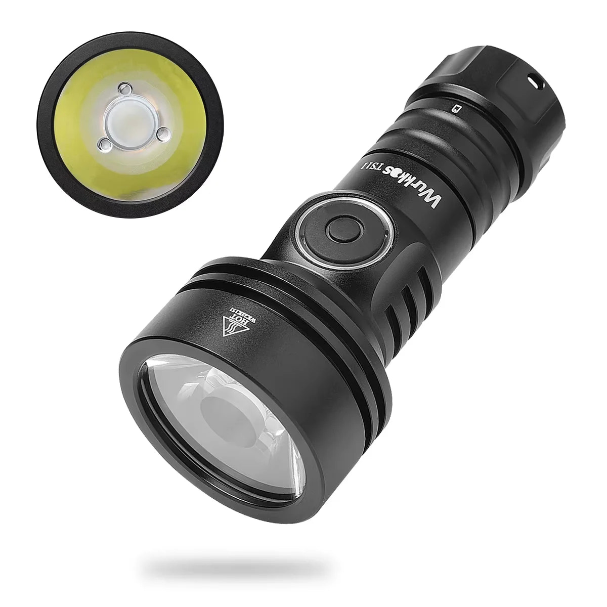Black flashlight with close-up of lens on a white background