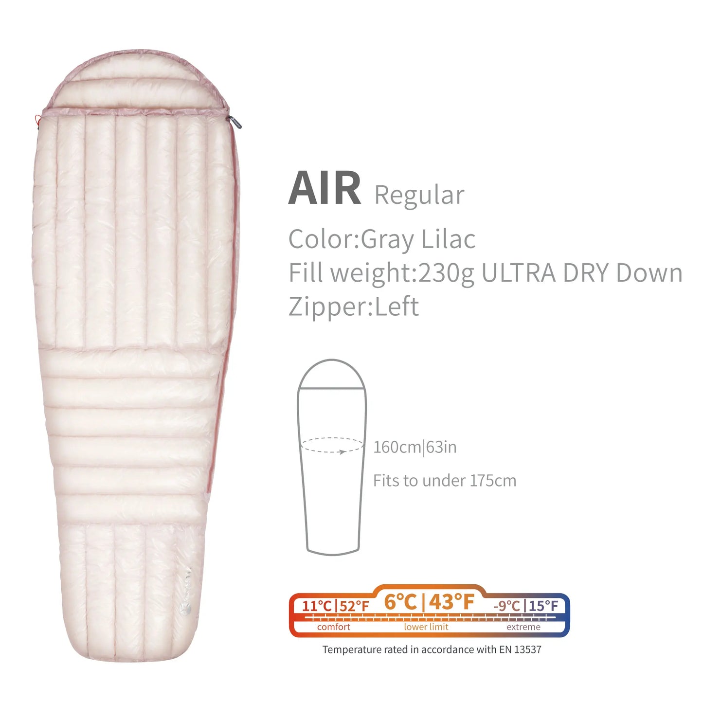 Sleeping bag with specifications on a white background