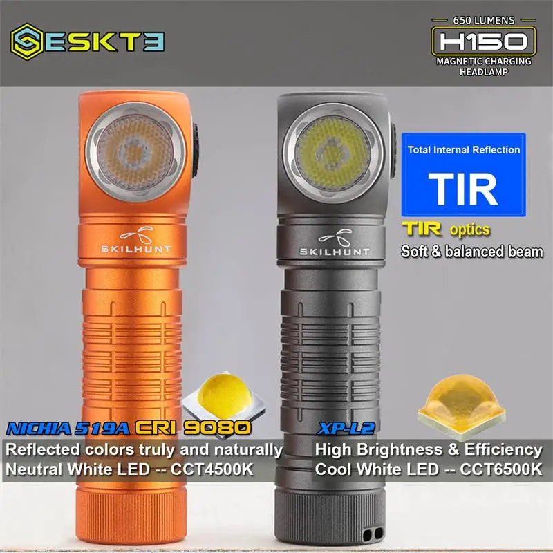 Two flashlights, one orange and one gray, with technical specifications on a gray background.