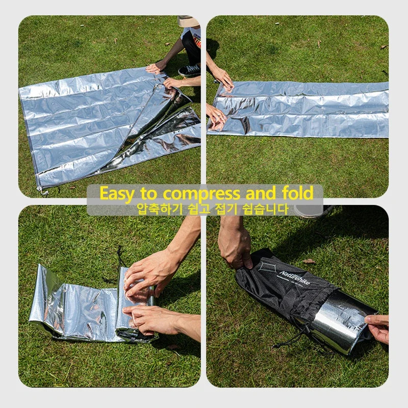 Collage showing a silver reflective blanket being compressed and folded on grass.