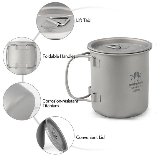 Titanium mug with features highlighted on a white background