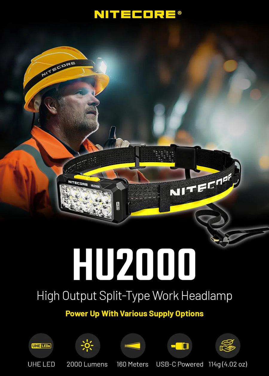 Nitecore HU2000 high output split-type work headlamp with a person wearing a hard hat in the background.