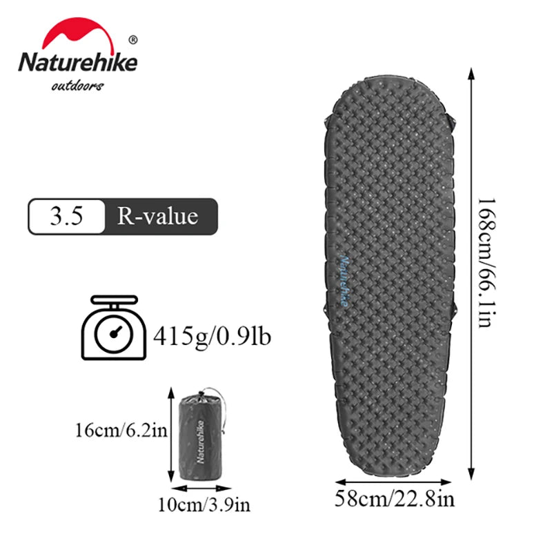 Gray sleeping pad with dimensions, weight, and R-value displayed on a white background